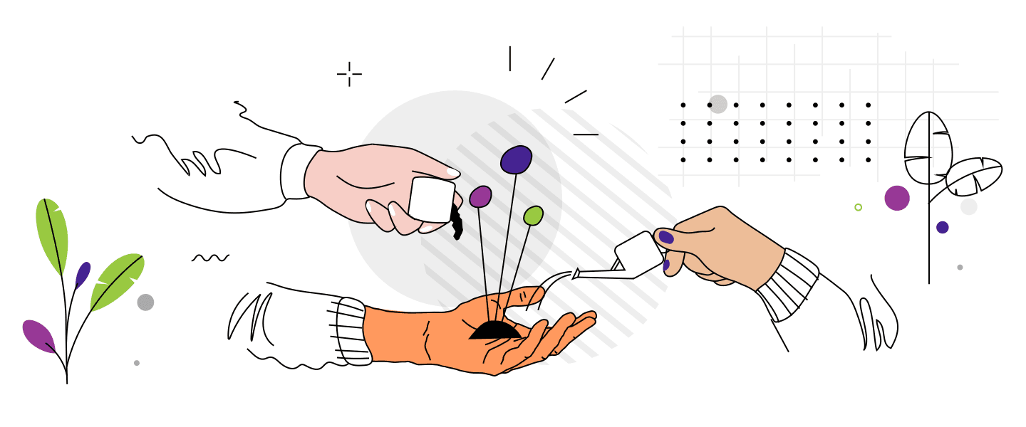 An illustration of a hand holding up a small plant, with one other hand watering the small plant and a third hand dropping some nurturing product on it. There are also some graphical elements showing plants in different layouts.