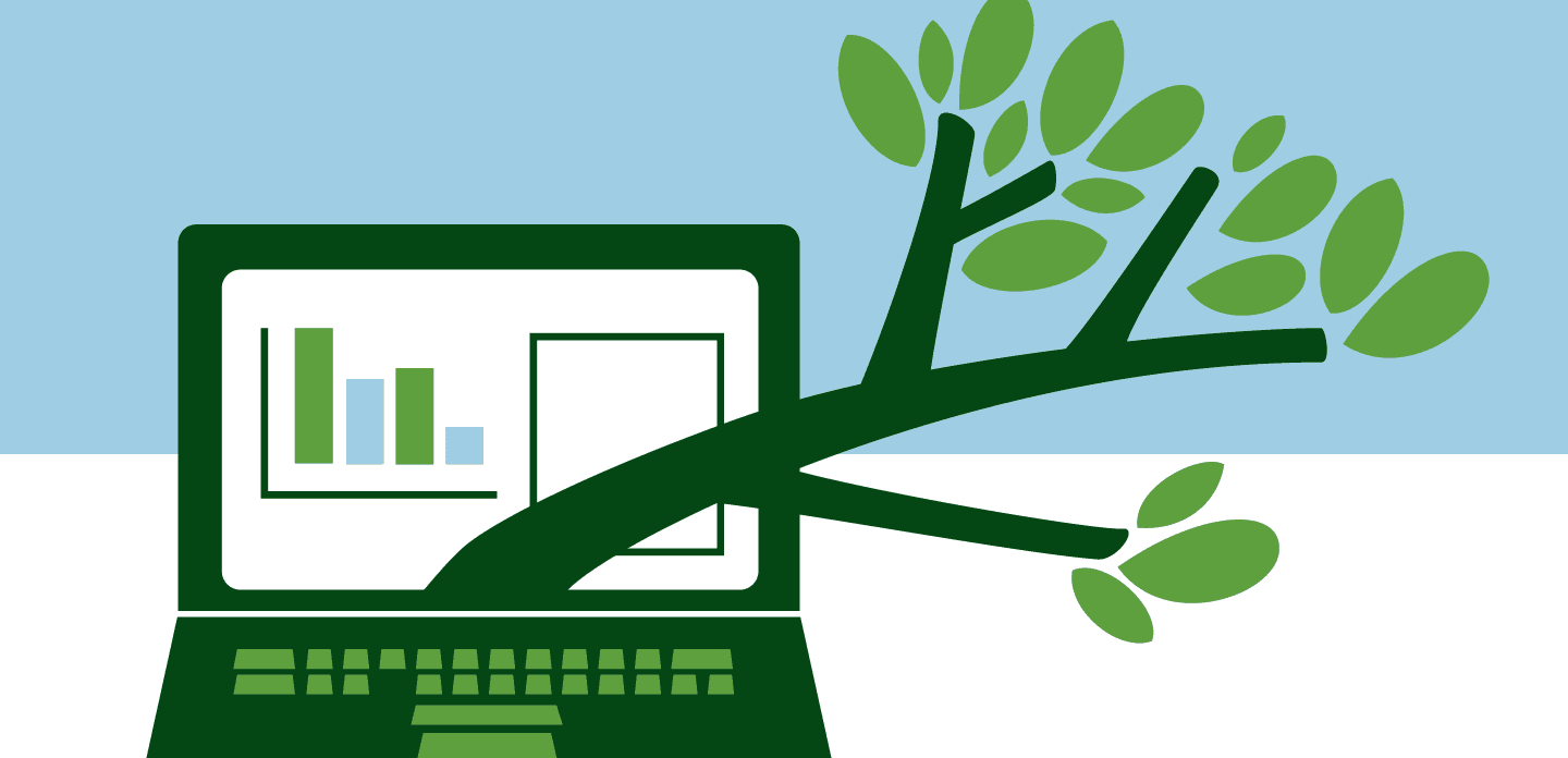 A tree branch extends from a laptop screen. There is a bar chart on the screen.