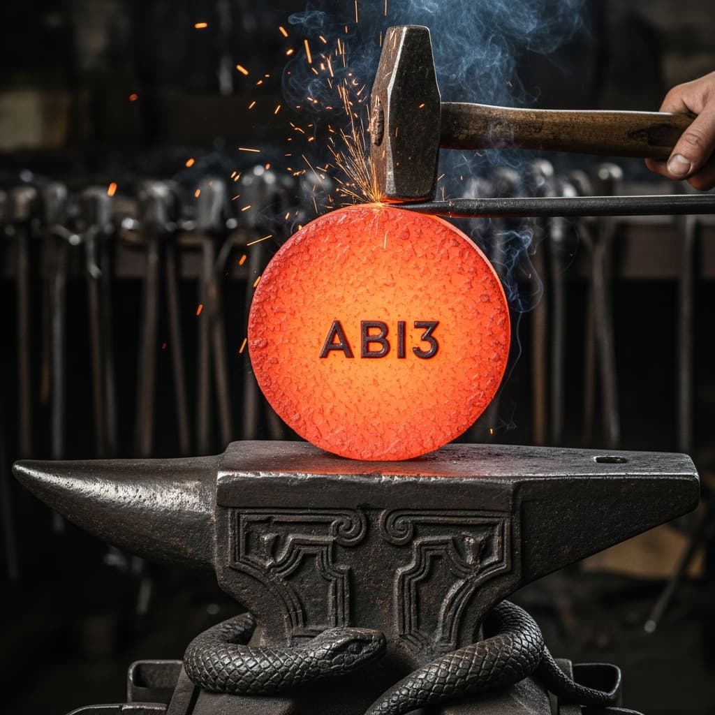 A wheel with ABI3 text in the middle placed on top of an anvil being forged with a hammer