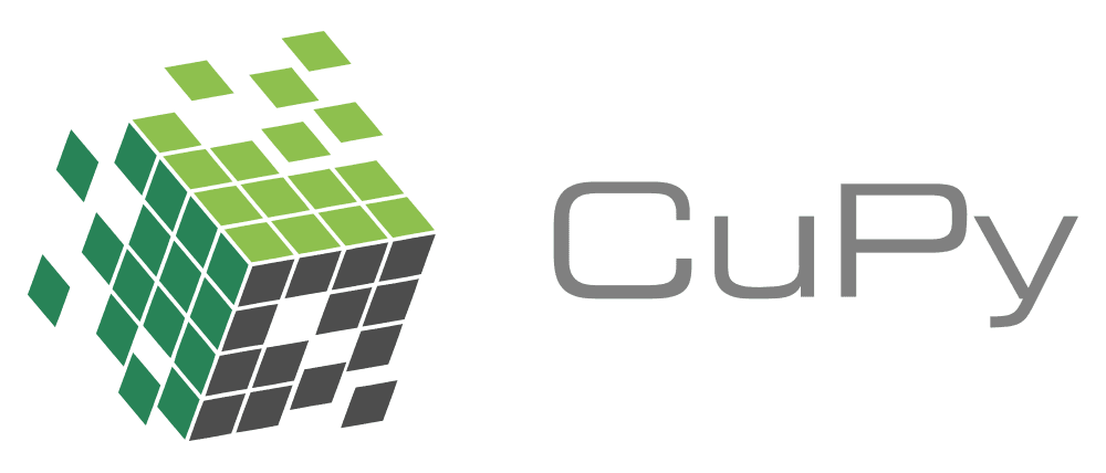 The logo of the CuPy project. It describes a cube of three colors that is being built by other squares that come from each face