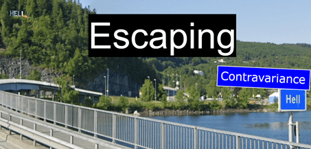 Picture which says "Escaping covariance hell", overlaid on Google Street View image of Hell, Norway