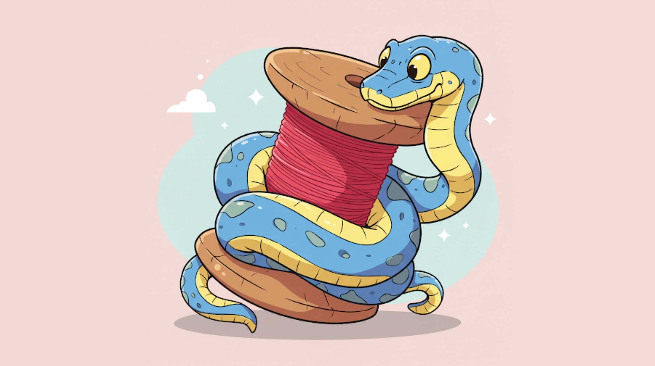 A cartoon of a Python wrapped around a thread, illustrating Python and threads getting along.