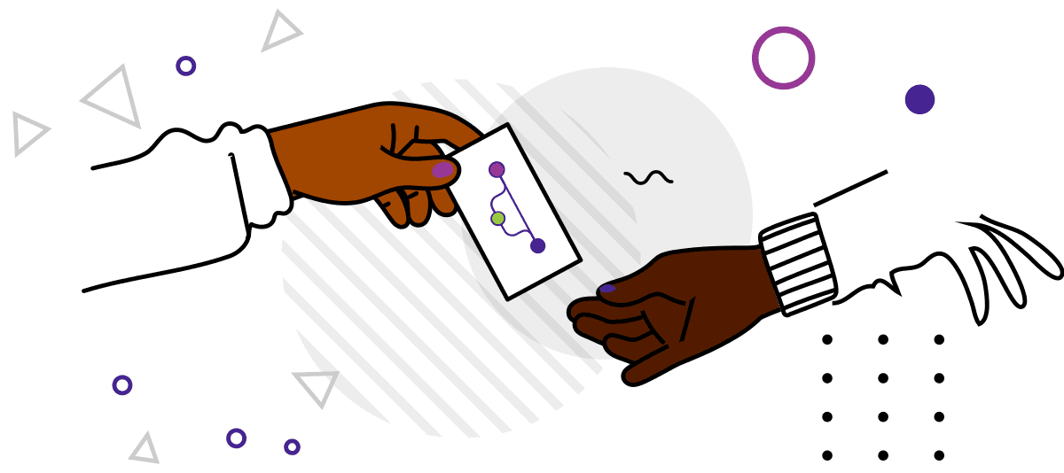 A brown and a black coming towards each other to pass a business card with the logo of Quansight Labs