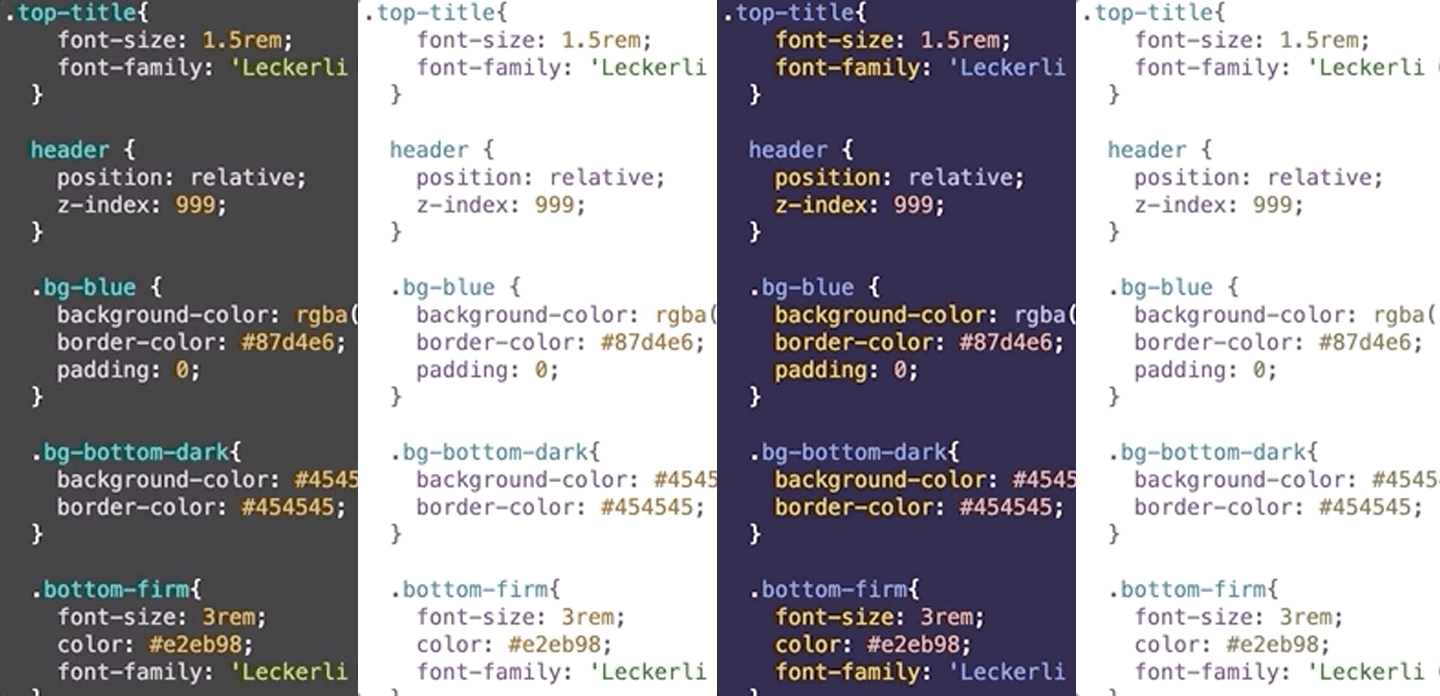 A display of different accessible syntax highlighting themes being applied to the same example code.