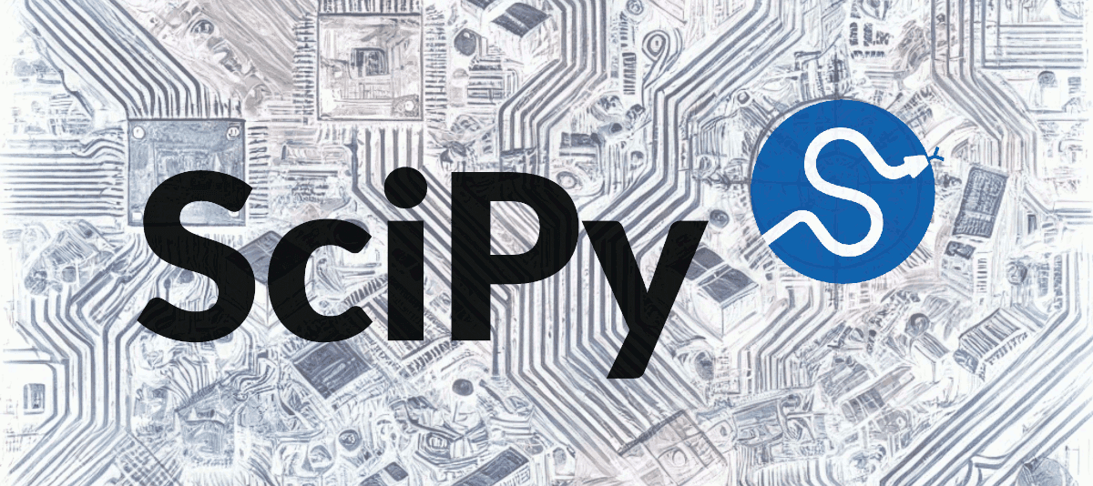 The text "SciPy" along with the SciPy logo superimposed over a computer generated image of a circuitboard.