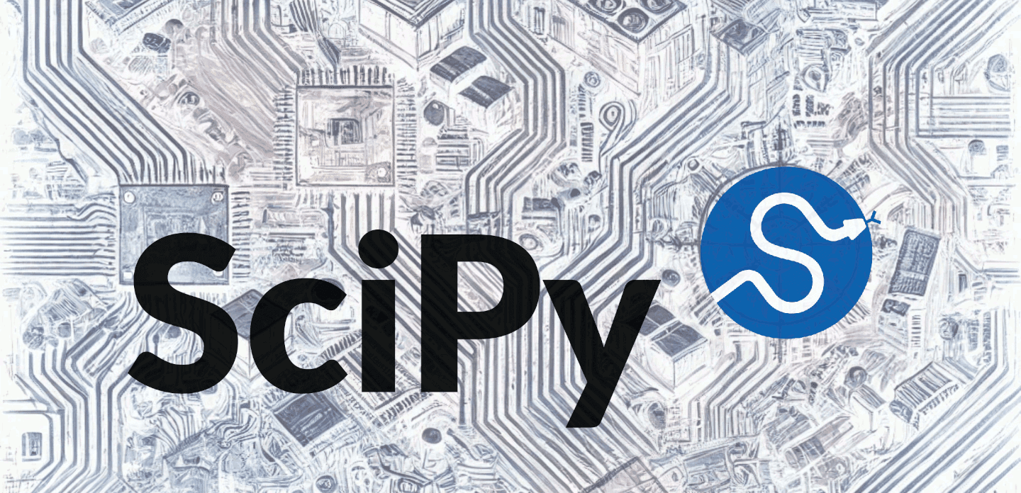 The text "SciPy" along with the SciPy logo superimposed over a computer generated image of a circuitboard.