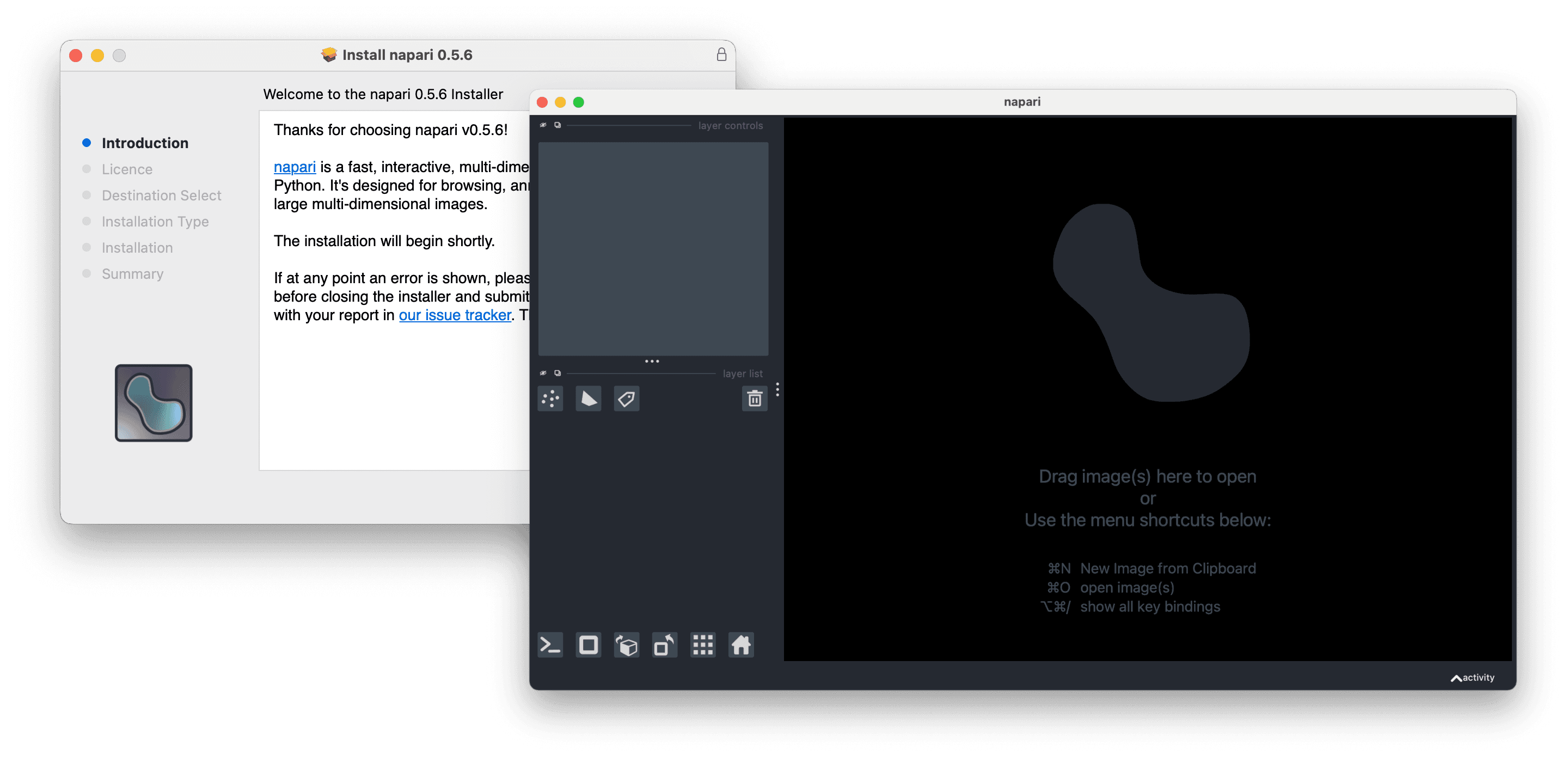 Collage of three, partially overlapping screenshots. The one in the back represents how the PKG installer for napari looks like on macOS. The middle one is the Windows installer for napari. The front screenshot is the napari UI on macOS, freshly opened.
