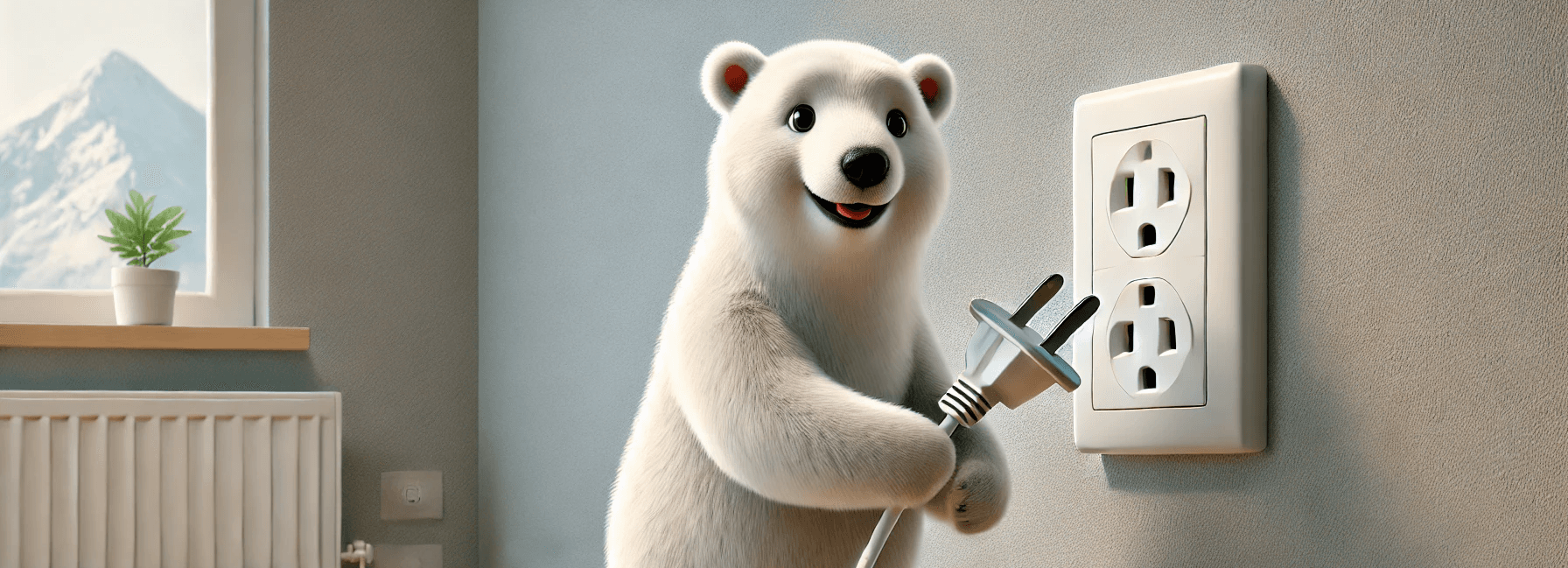 Polar bear with a yellow safety helmet and a red hammer on the ground, with the letters W.I.P., for work-in-progress.
