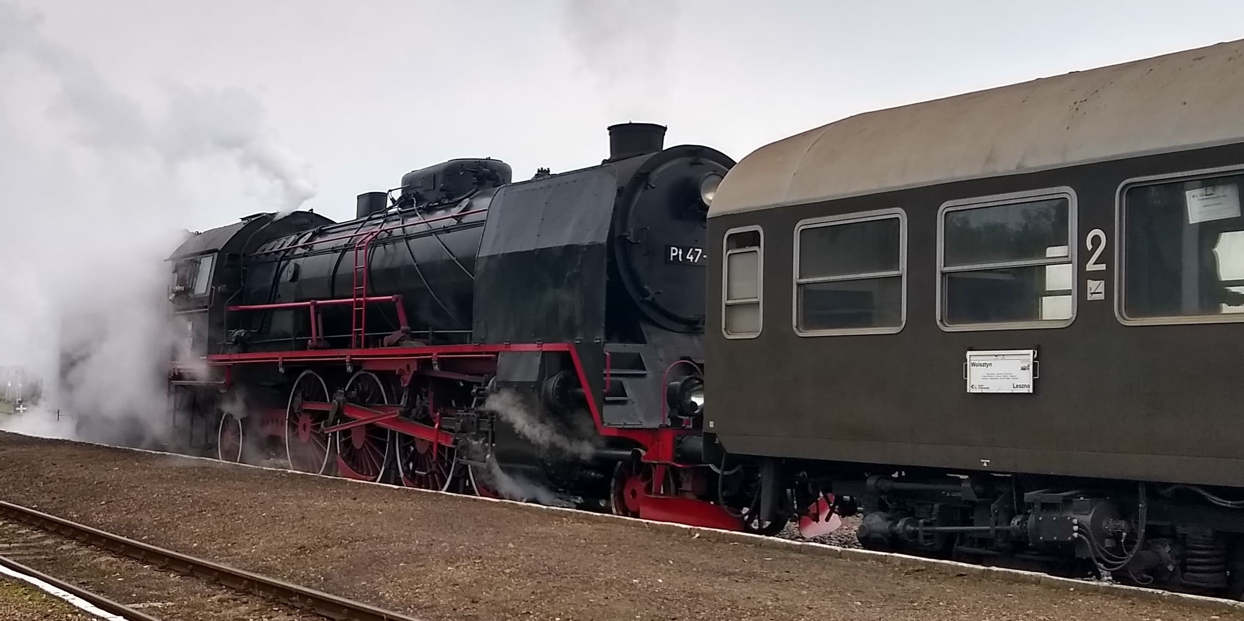 A black steam train pulling a olive-colored car in reverse. It has cool wheels with red spikes. Photograph by the author.
