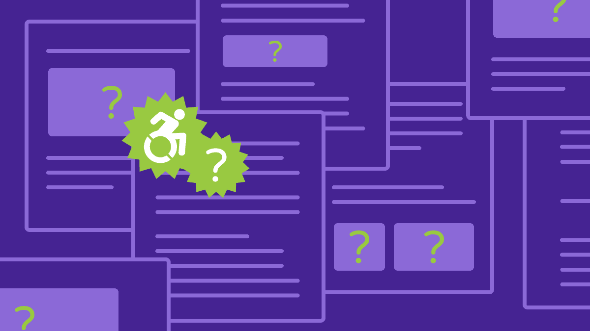 An illustrated pile of articles covered with question marks, one is stamped with an accessibility symbol and another question mark.