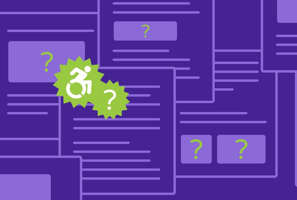 An illustrated pile of articles covered with question marks, one is stamped with an accessibility symbol and another question mark.