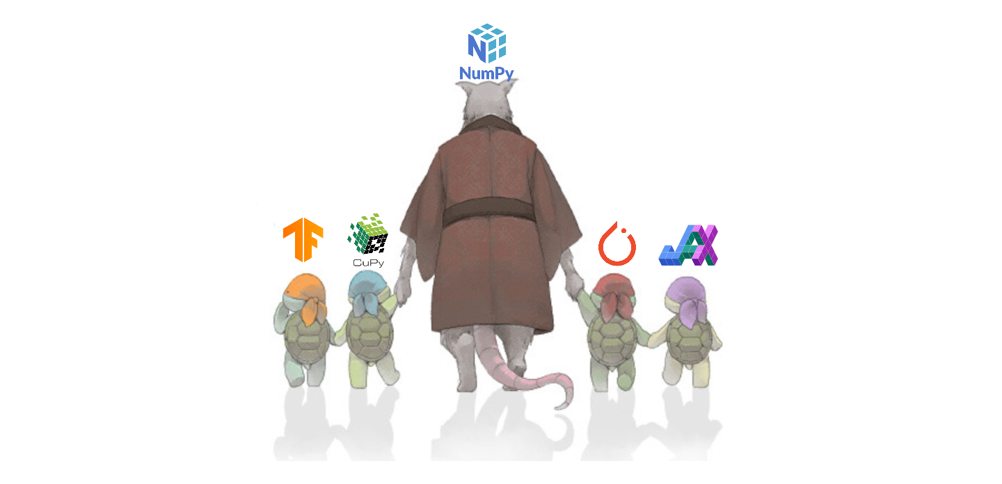 Meme of Master Splinter leading the baby turtles from TMNT. Splinter represents NumPy, and the turtles represent TensorFlow, CuPy, PyTorch and JAX.