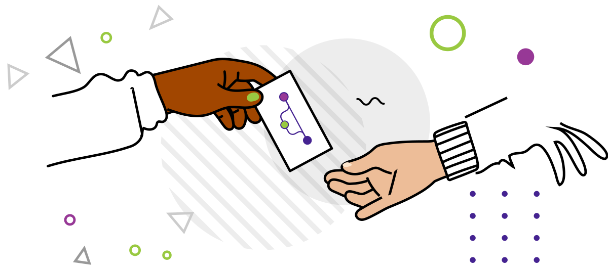 An illustration of a brown and a white hand coming towards each other to pass a business card with the logo of Quansight Labs