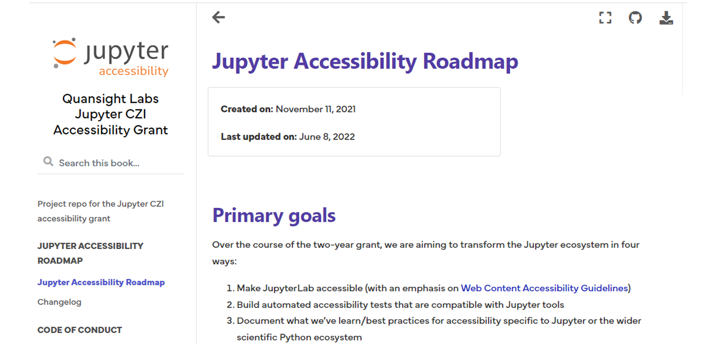 Screenshot of the Jupyter Accessibility Roadmap page. It is a list outlining the primary goals the team aims to achieve in two years. A link to the full roadmap can be found in the blog post.