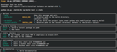 A screenshot of the SciPy CLI, showing the "do.py" command and the various options implemented for the SciPy project