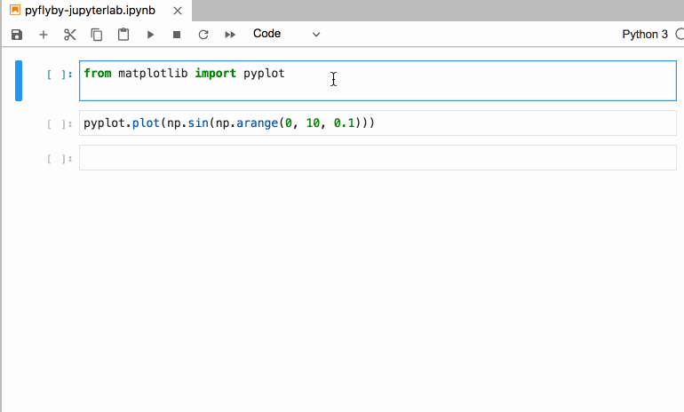 Fresh Jupyter session with two cells: the first imports Matplotlib, and the
second plots using both Matplotlib and NumPy. Upon execution, jupyterlab-pyflyby
automatically adds the missing NumPy import in the first cell, and then
successfully renders the plot.