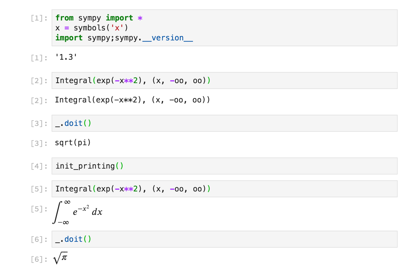 Code snippet in an interactive Jupyter session showing the usage of init_printing in SymPy 1.3 for LaTeX.