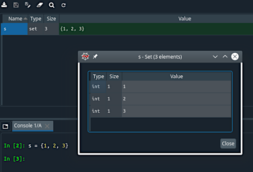 Screenshot of Spyder Variable Explorer UI, showing a Python set displayed in a native viewer