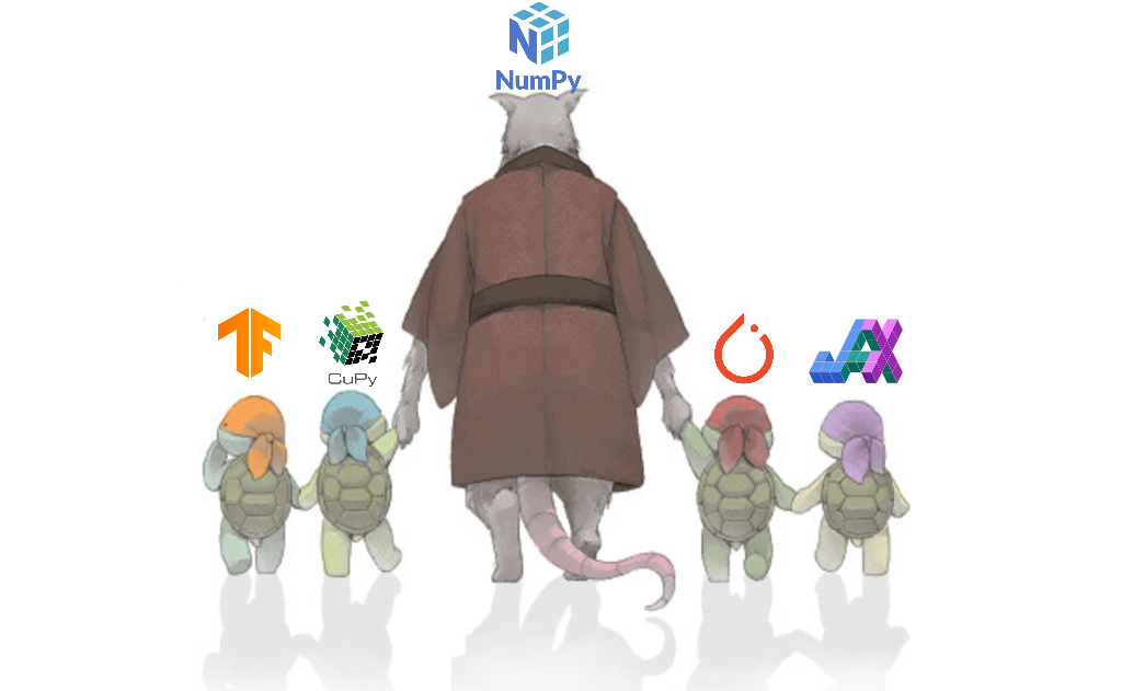 Meme of Master Splinter leading the baby turtles from TMNT. Splinter
represents NumPy, and the turtles represent TensorFlow, CuPy, PyTorch and JAX.