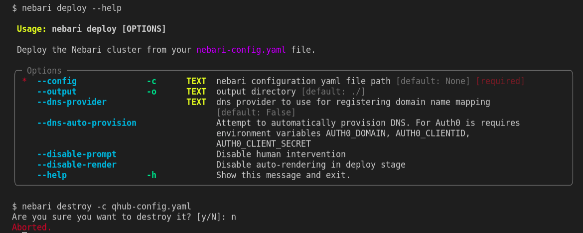 Output of the nebari deploy help