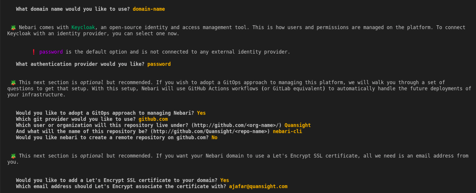 Output of the nebari init --guided-init command