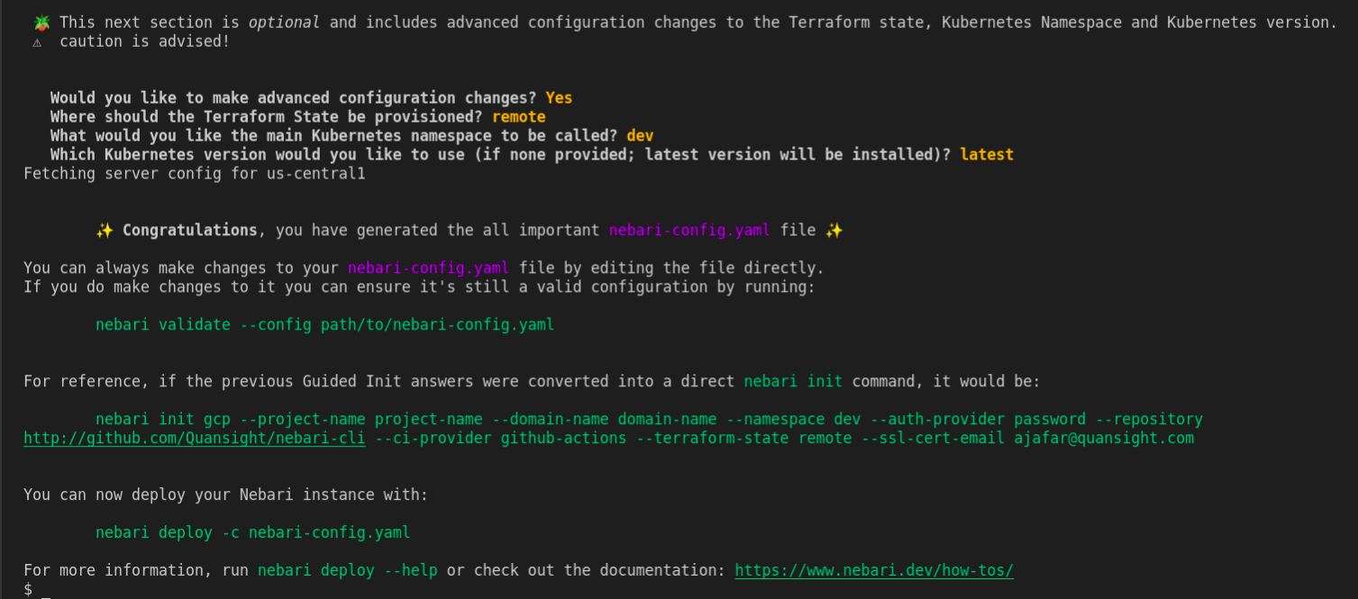 Output of the nebari init --guided-init command