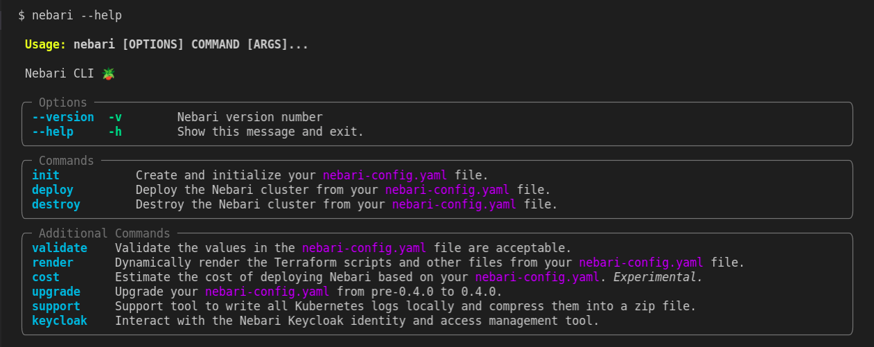 Output of the new nebari help command