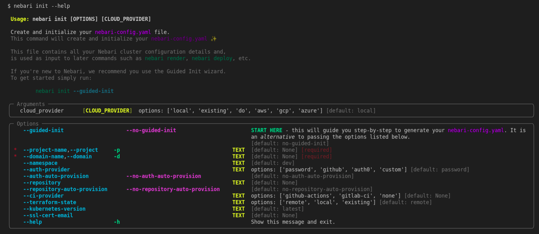 Output of the nebari init help command