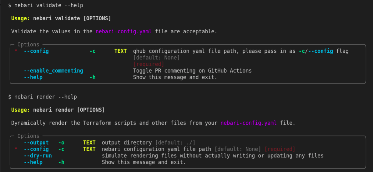 Output of the nebari validate and render help