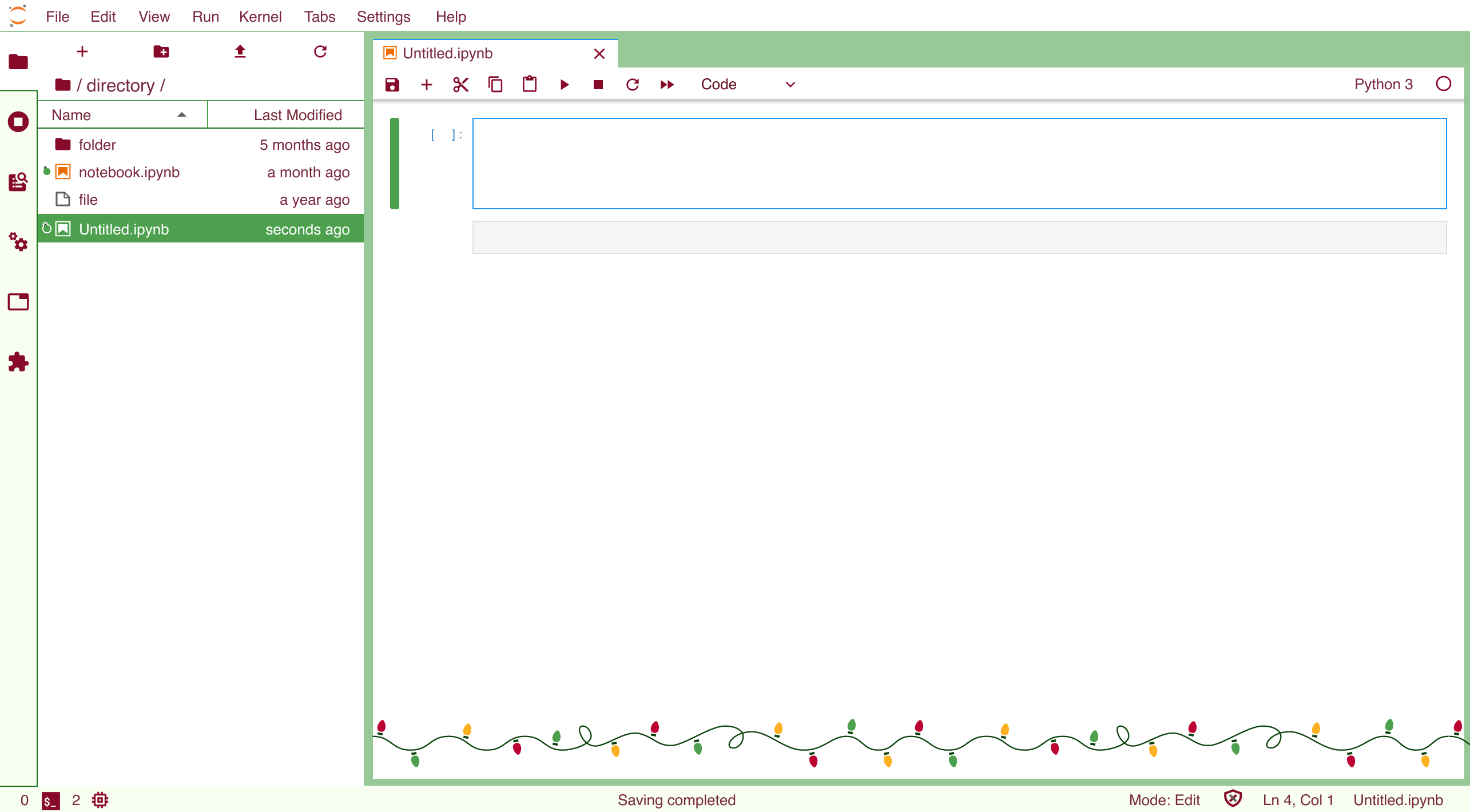 Screenshot of JupyterLab Christmas Theme