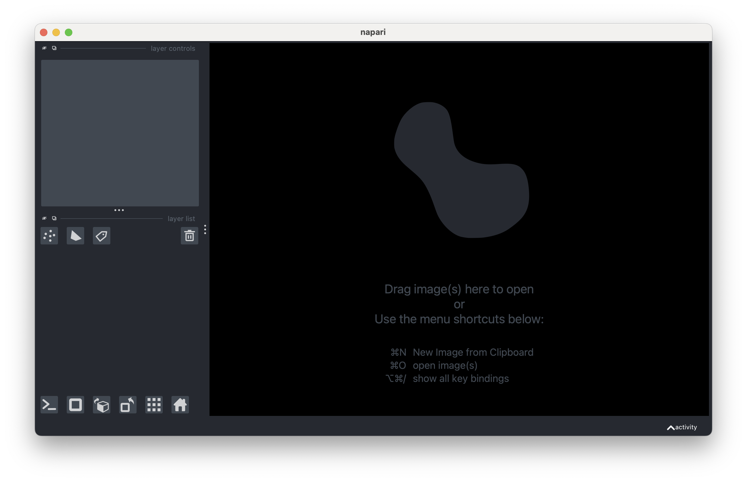 Screenshot of the graphical interface of the napari application, freshly launched on macOS.