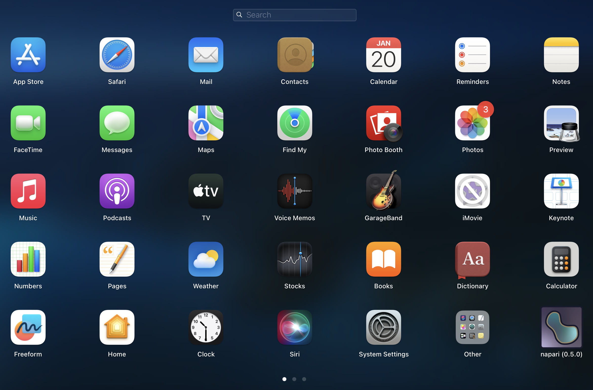 Screenshot of macOS' Launchpad. The napari icon can be seen in the bottom right corner, as one more application in the system menu.