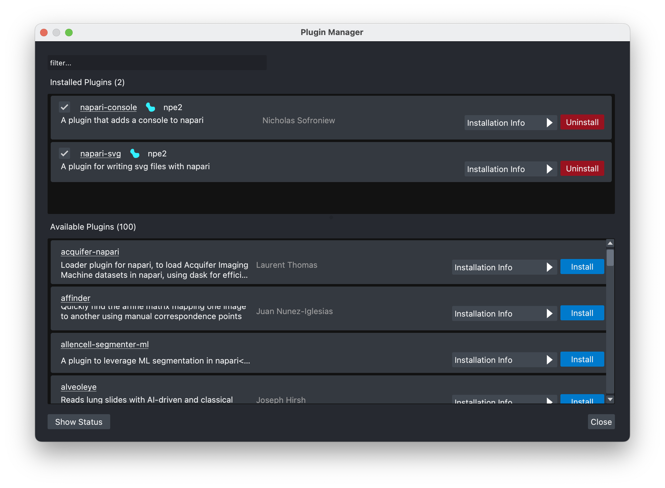 Screenshot of the graphical interface of the napari plugin manager dialog, on macOS.