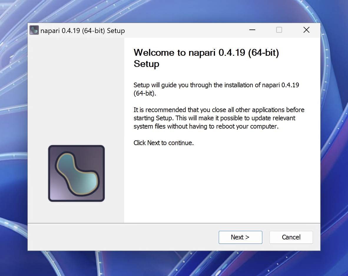 Screenshot of the Windows graphical installer produced by constructor, customized for napari.