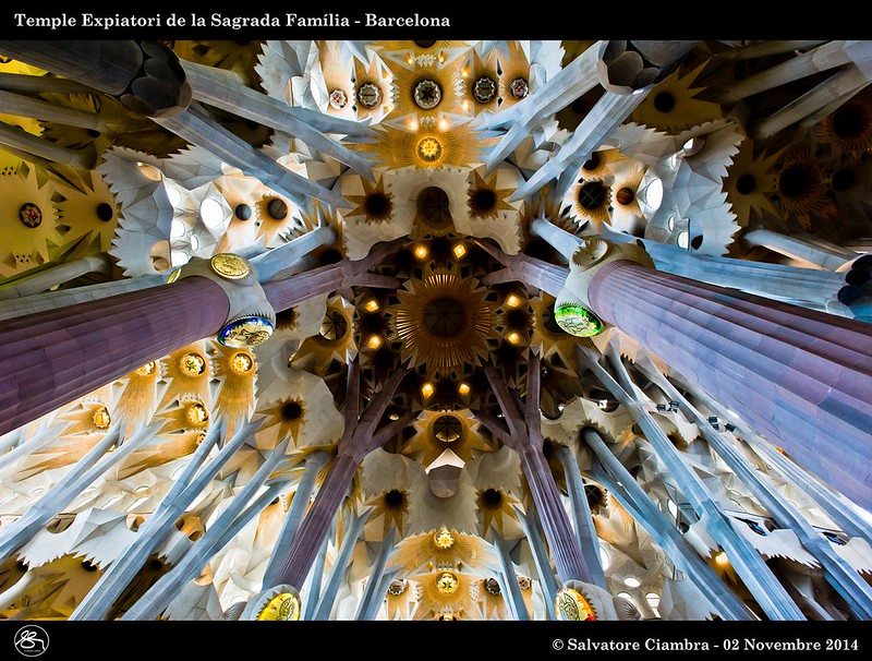 A view looking up at the ceiling of the Sagrada Familia in Barcelona
