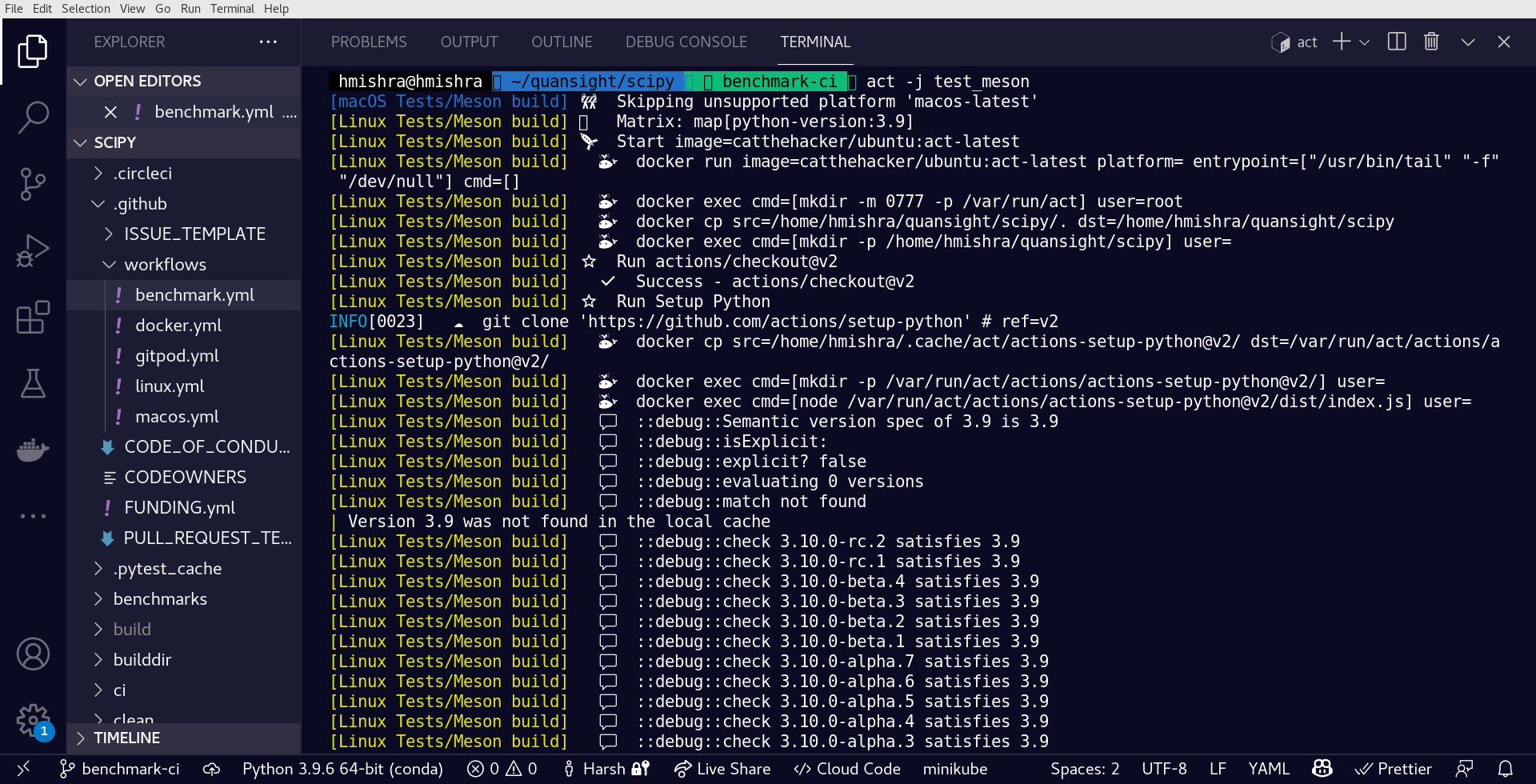 A snapshot from the Visual Studio Code demonstrating the usage of `act` locally to test out the GitHub Action workflows. In the picture, we are running the `test_meson` workflow which runs the CI job locally to build, install and test SciPy locally.