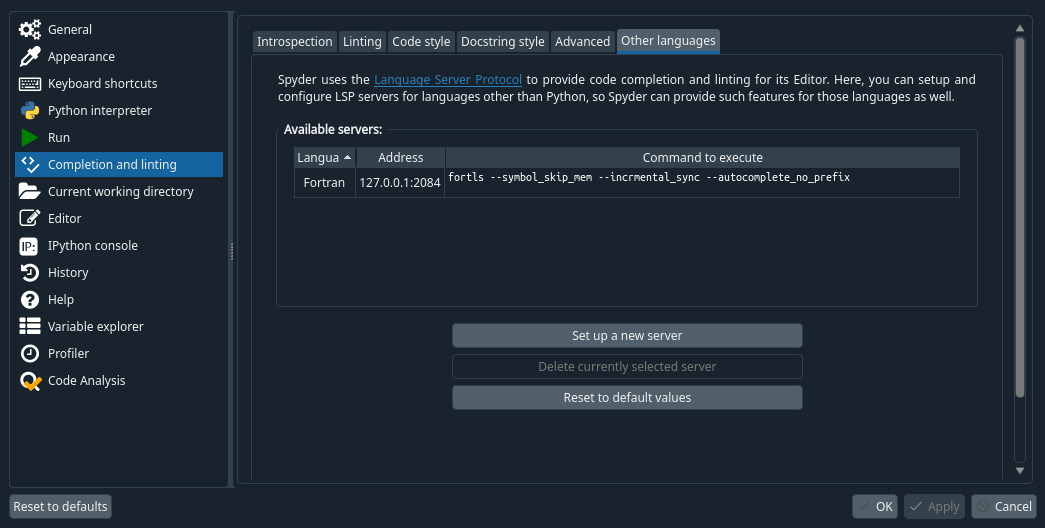 Spyder Completion and Linting preferences pane, showing example PyLS servers configured for Go and Julia.