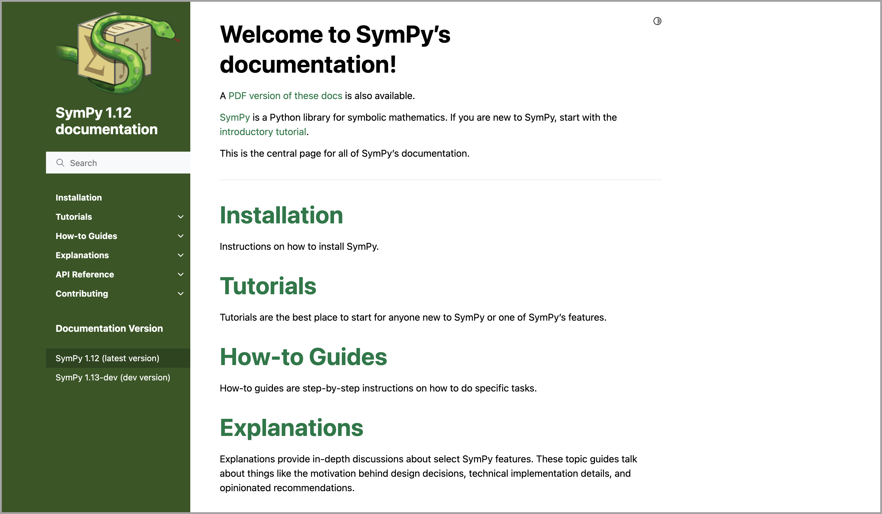 Main page of the SymPy docs (v1.12, October 2023)