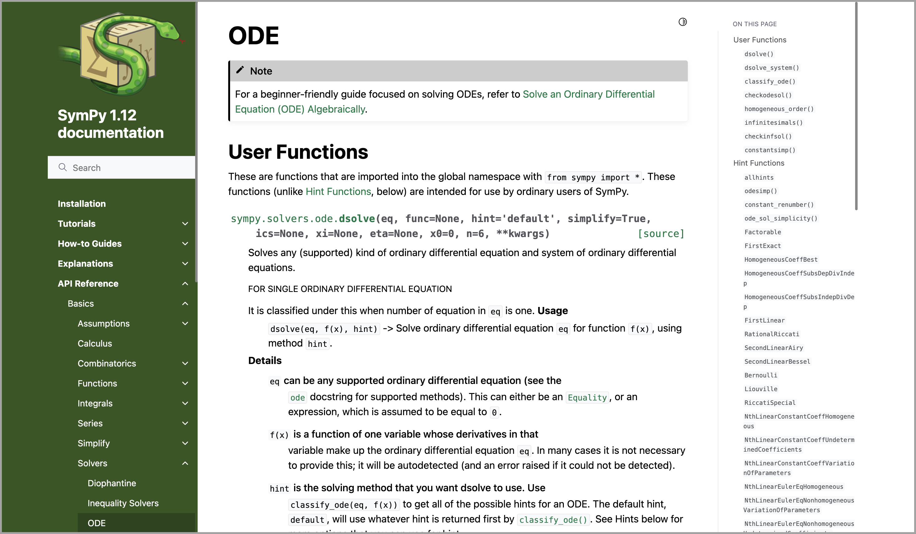 SymPy 1.12 ODE Module documentation page (October 2023)
