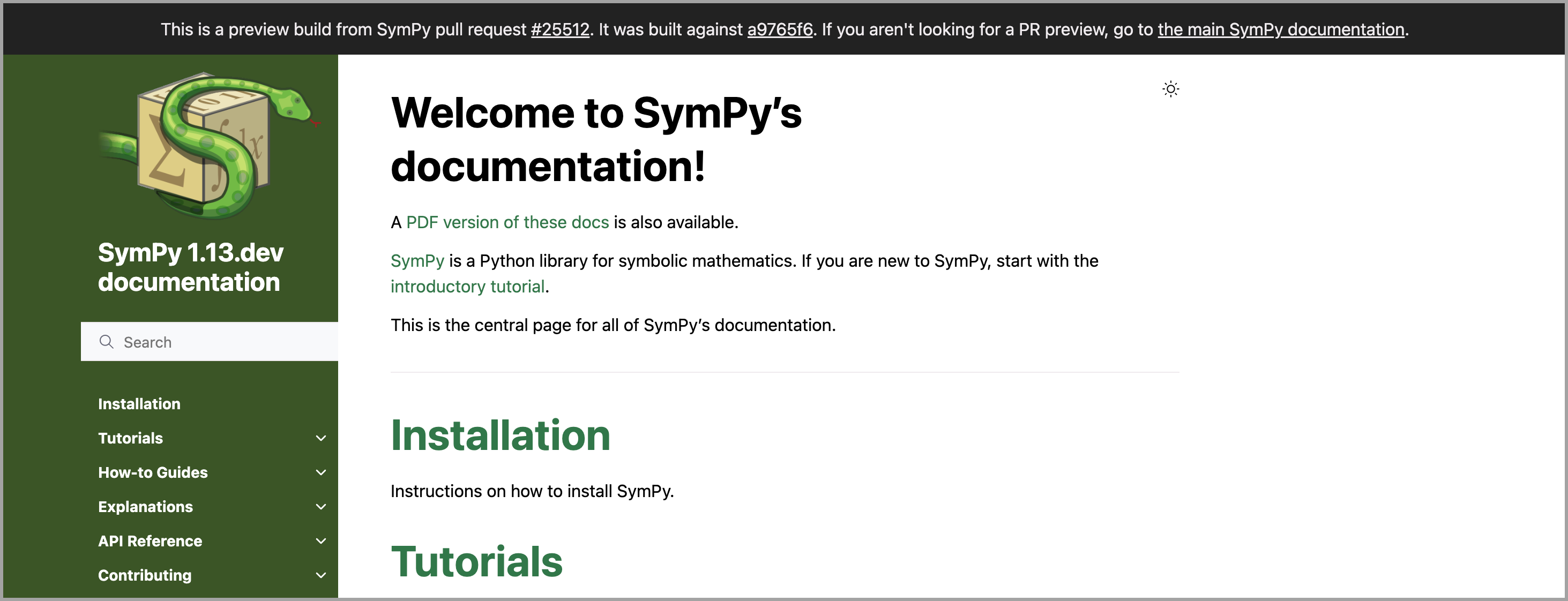 header on the page that says "This is a preview build from SymPy pull request #25512. It was built against a9765f6. If you aren't looking for a PR preview, go to the main SymPy documentation."